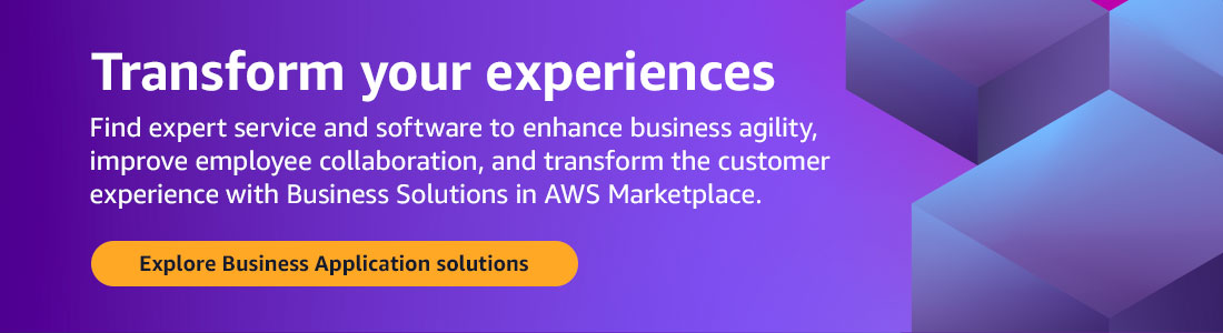 Take your next step towards innovation. Find expert service and software to enhance business agility, improve employee collaboration, and transform the customer experience (CX) with Business Solutions in AWS Marketplace. Explore Business Application solutions.