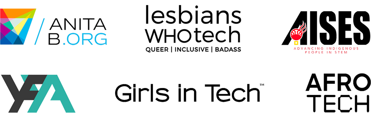 Afro Tech logo, YFYA logo, Lesbians Who Tech logo, Girls in Tech logo, AnitaB.org logo, American Indian Science and Engineering Society logo